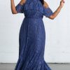 Plus Size Kjoler TP Kjoler | Bla Plus Size Festkjole Og Med Cold Shoulder